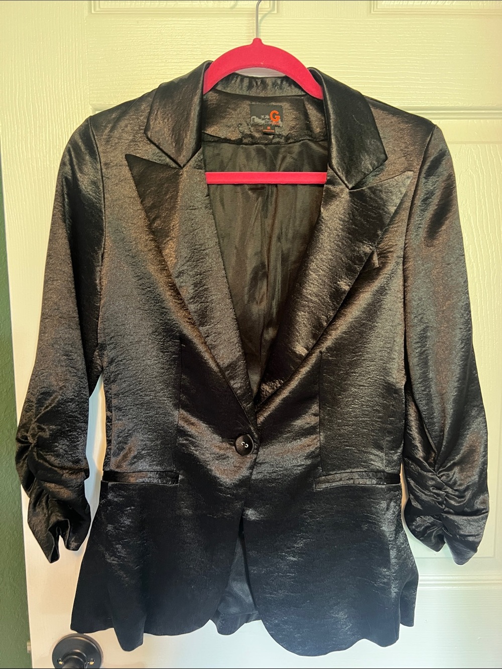 G by Guess Shiny Black Satin Single-Button Blazer